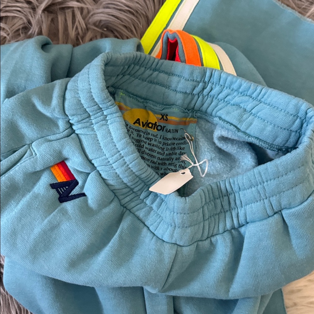 AVIATOR NATION 
5 STRIPE WIDE LEG POCKET SWEATPANTS  AQUA  SZ XS - Picture 6 of 6